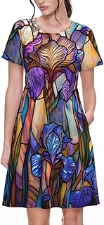 Women's Short Sleeve Round Neck Rose Blue Print A-Line Summer Casual Dress with Pockets,