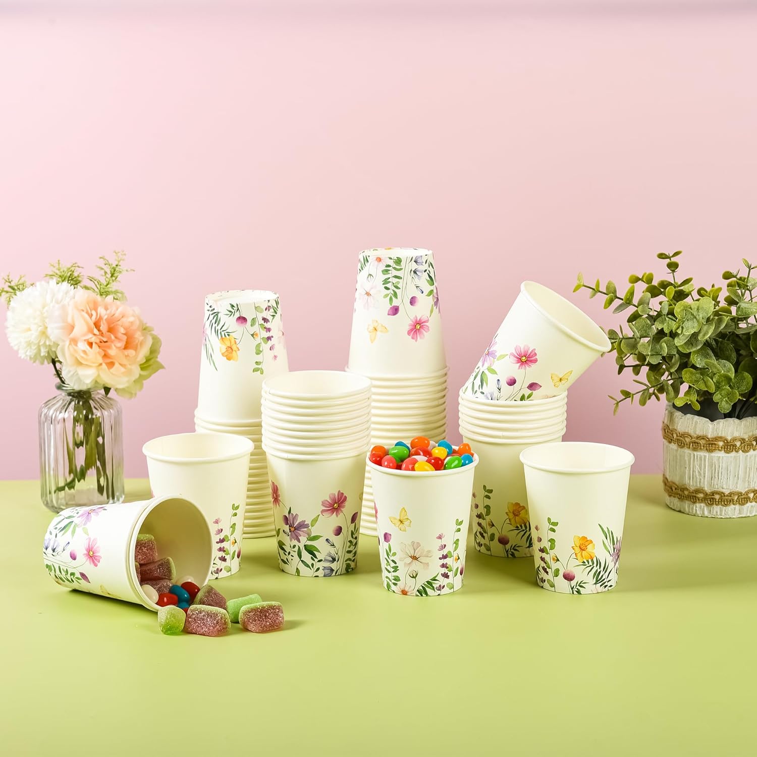100Pcs Flowers Butterfly Paper Cups Spring Floral Disposable Party Cups 9oz Watercolor Wildflowers Drinking Cups for Hot Cold Beverage Bridal Wedding Shower Shower Party Supplies - Image 4