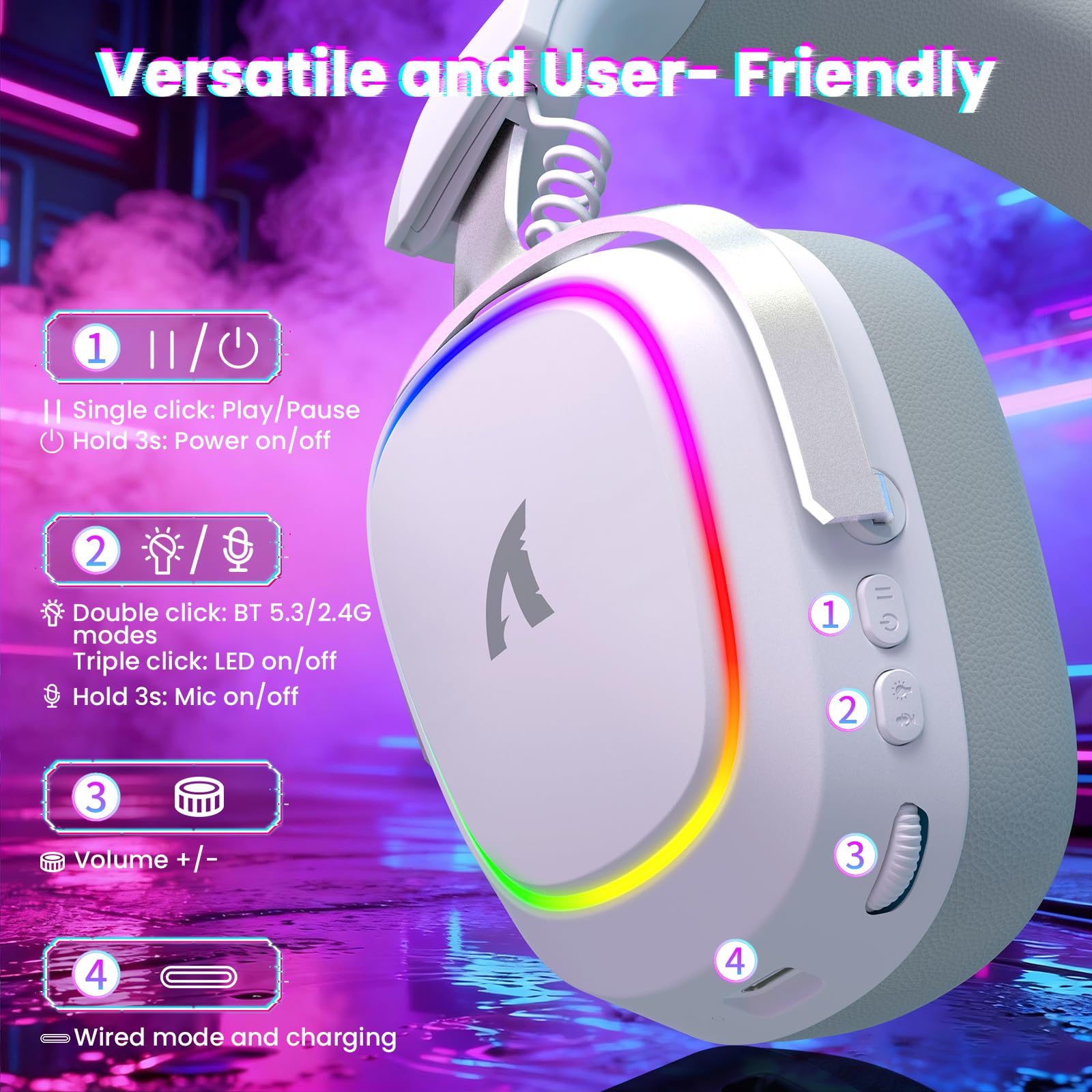 ATTACK SHARK G800 Casque Gaming sans Fil,1000 mAh, Microphone Détachable, Structure en Alliage d’Aluminium, 20 ms, Haut-parleurs 50 mm, 3 Modes (2.4G/BT/Filaire) pour PC/PS/Téléphone (Blanc)