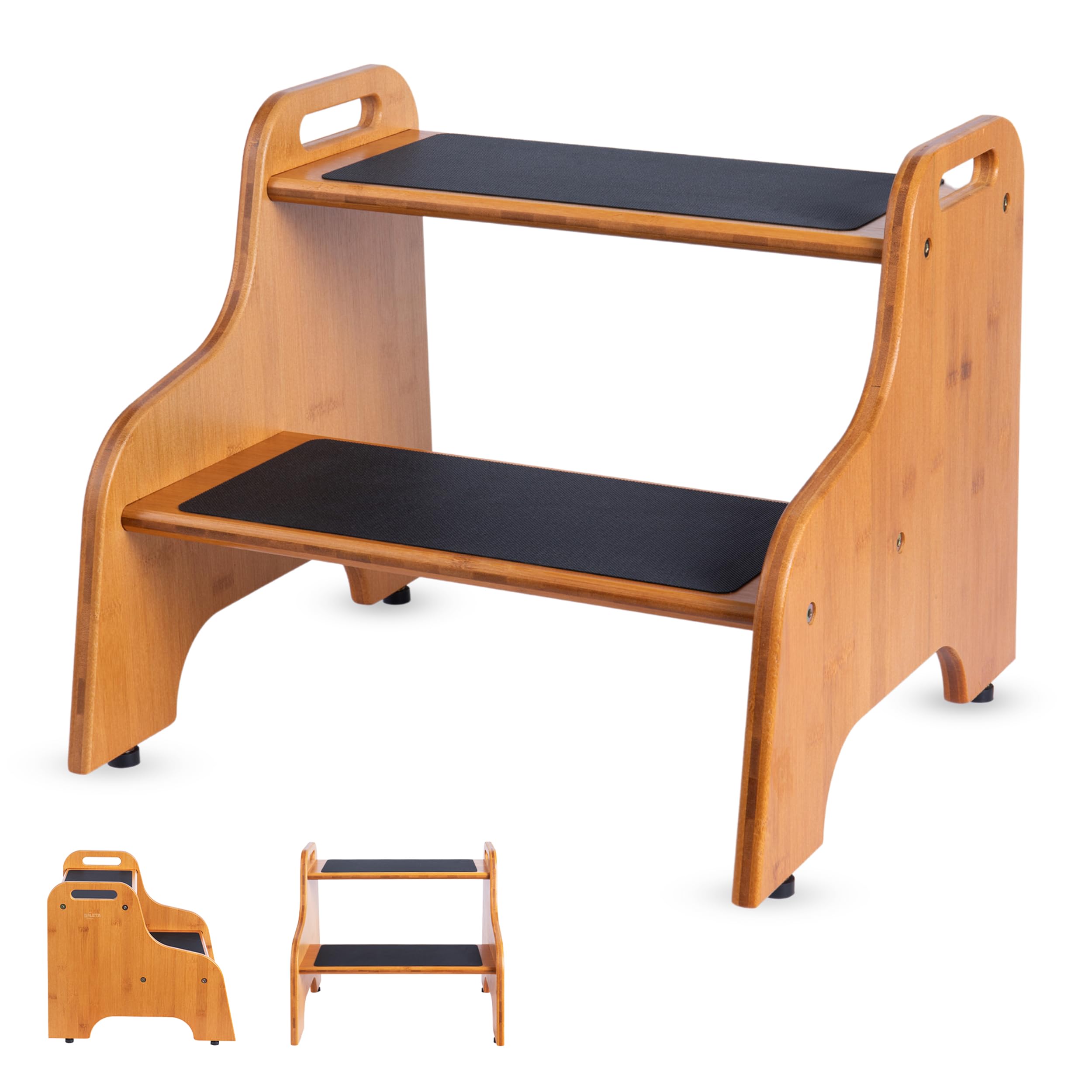 SFLETA 2-Step Wooden Step Stool – Non-Slip Bed Step Stool for High Beds, Bathroom, Kitchen & Closet – Heavy-Duty, Portable – Holds 300+ lbs