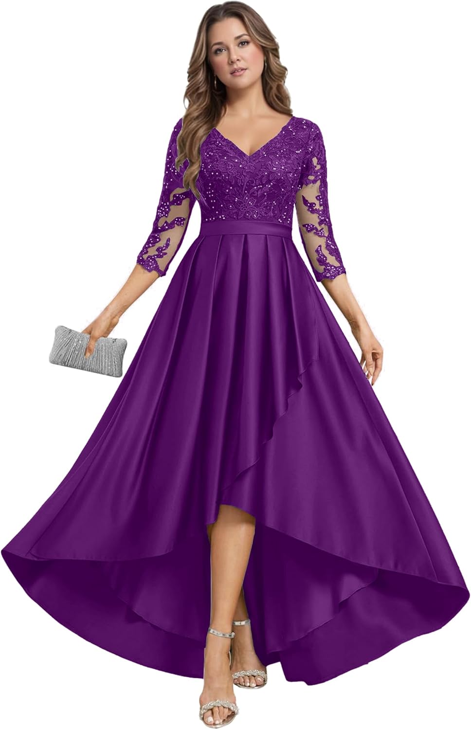 High Low Satin Mother of The Bride Dresses for Women 3/4 Sleeve V Neck Applique Mother of The Groom Dresses for Wedding