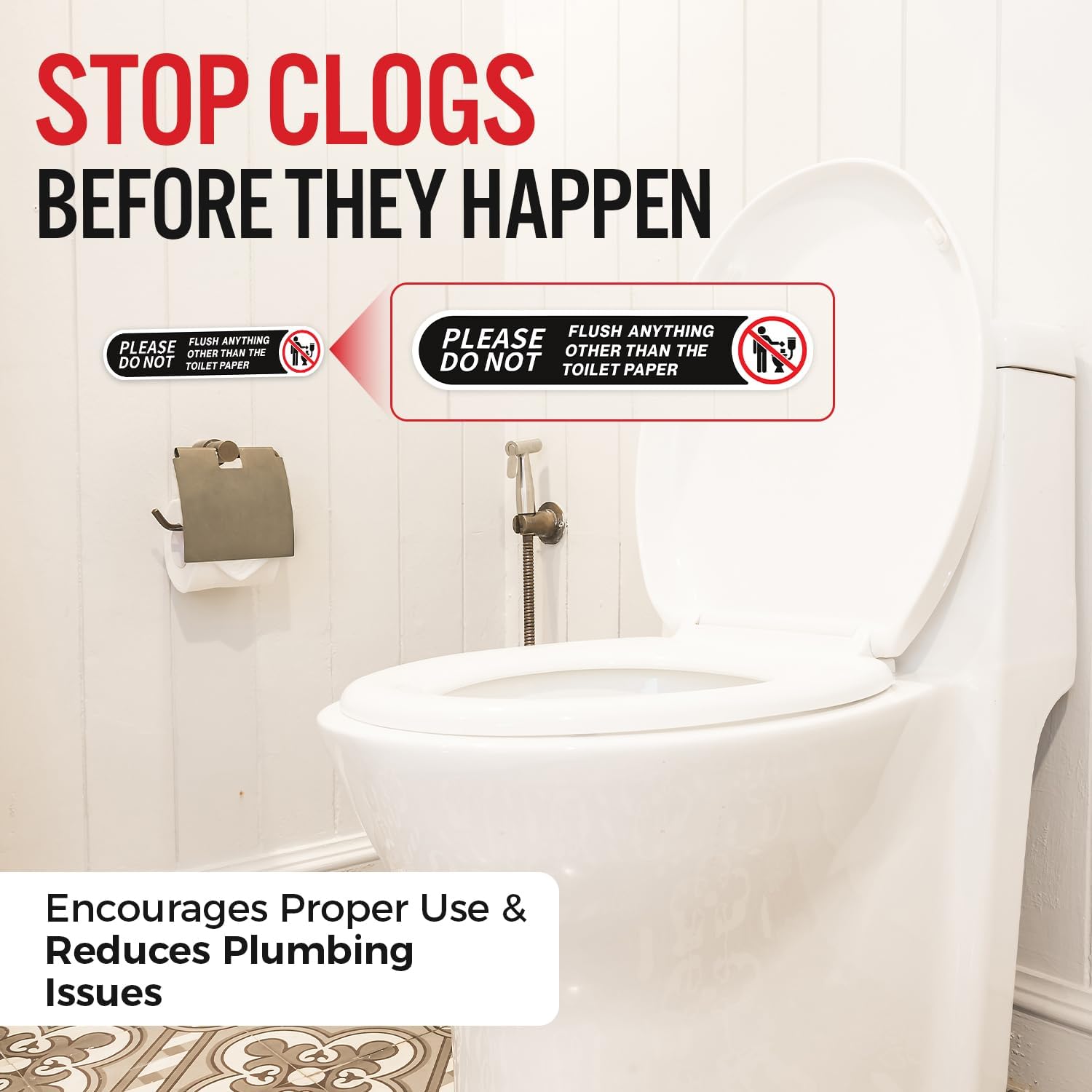 | 8 Pcs Please Dont Flush Anything Down The Toilet Sign Stickers – 5" By 1" – Strong Adhesive, Durable, Weatherproof Toilet Paper Only Sign For Bathroom. Perfect Public Restrooms...