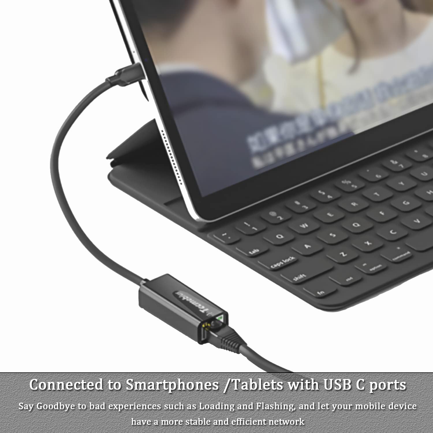 Close-up of Tccmebius USB C Ethernet Adapter showing green power indicator and yellow data transfer indicator
