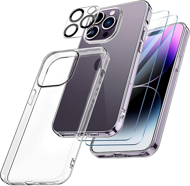 Gonattis Compatible with iPhone 14 Pro Case(6.1Inch), 2 Pack Tempered Glass Screen Protectors and 1 Pack Camera Protector, Soft TPU Silicone Yellowing Resistant Case Cover for iPhone 14 Pro - Clear