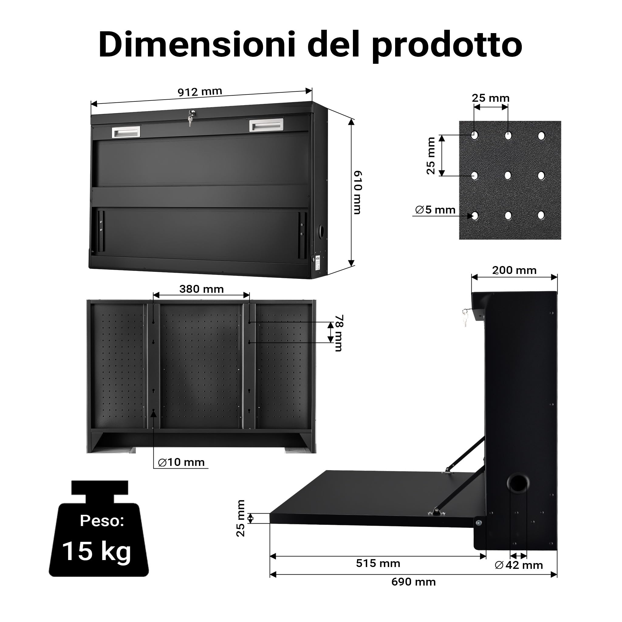 Wiltec Banco da lavoro pieghevole a parete, portata fino a 50 kg, tavolo richiudibile con pannello porta attrezzi forato, in acciaio, 91,2 x 69 x 61 cm, con 2 chiavi, ideale per officine e garage
