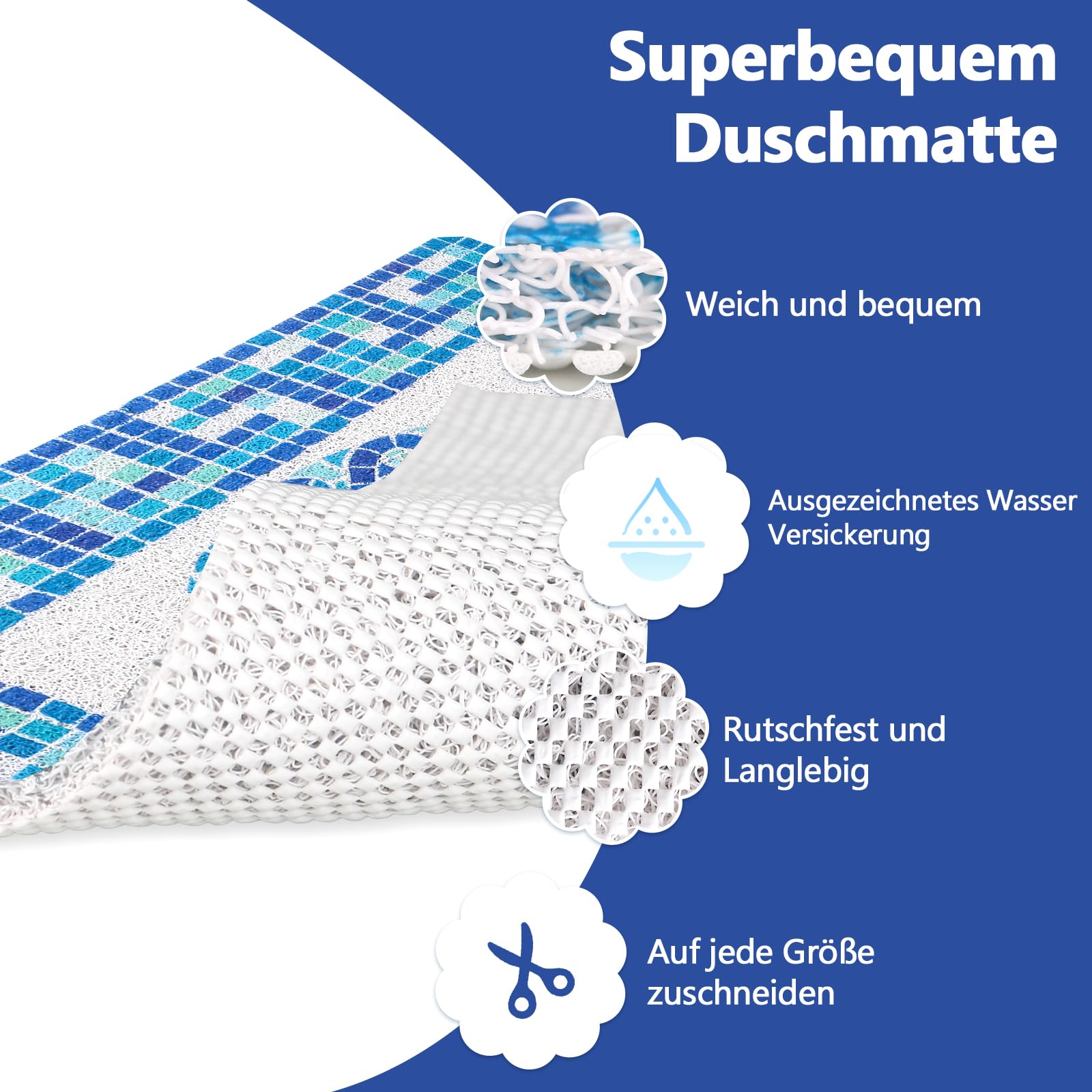 Tappetino da doccia antiscivolo, 60 x 60 cm, morbido e confortevole, in PVC, con fori di scarico, ad asciugatura rapida, antimuffa, tappetino antiscivolo per doccia