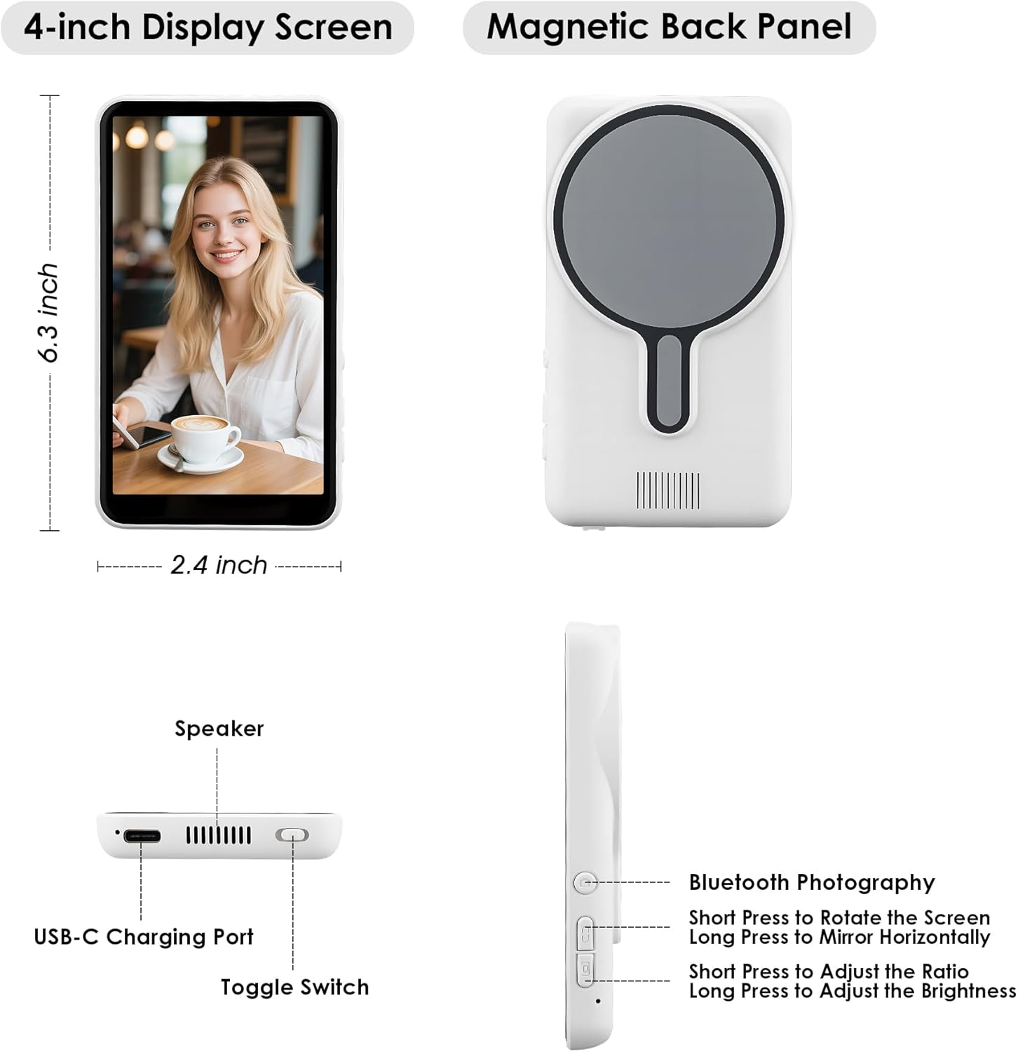 Selfie-Monitor-Screen-with-Speaker Wireless-Magnetic-Phone-Screen-for-iPhone-Vlog-Selfie-Camera-Back Rear-Camera-for-iPhone & Android Live-Stream-for-TikTok with Brightness Control & Bluetooth Remote