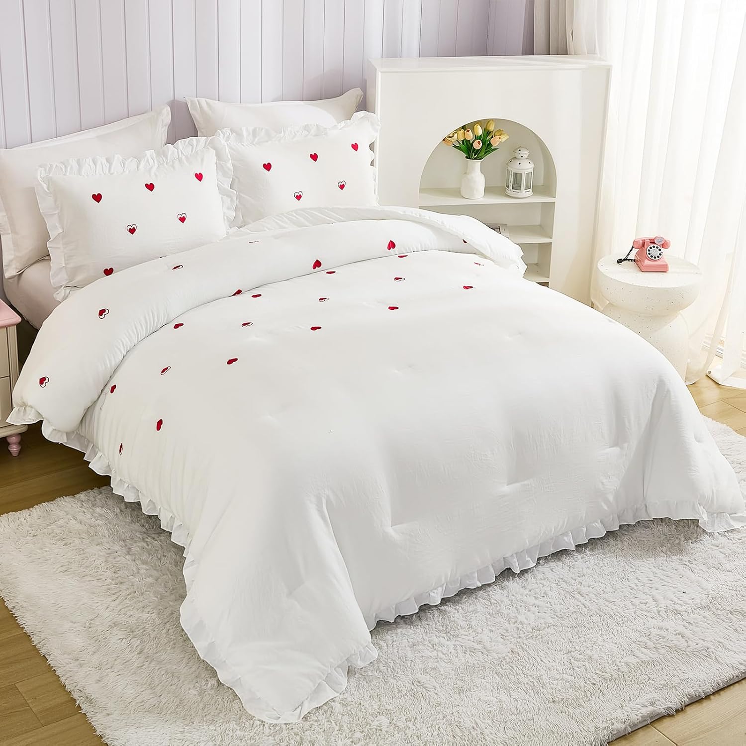White Ruffle Comforter Queen Red Love Bedding Sets Love Heart Embroidery Design Romantic Girls Couple Bedding Red and White Bed Comforter Sets