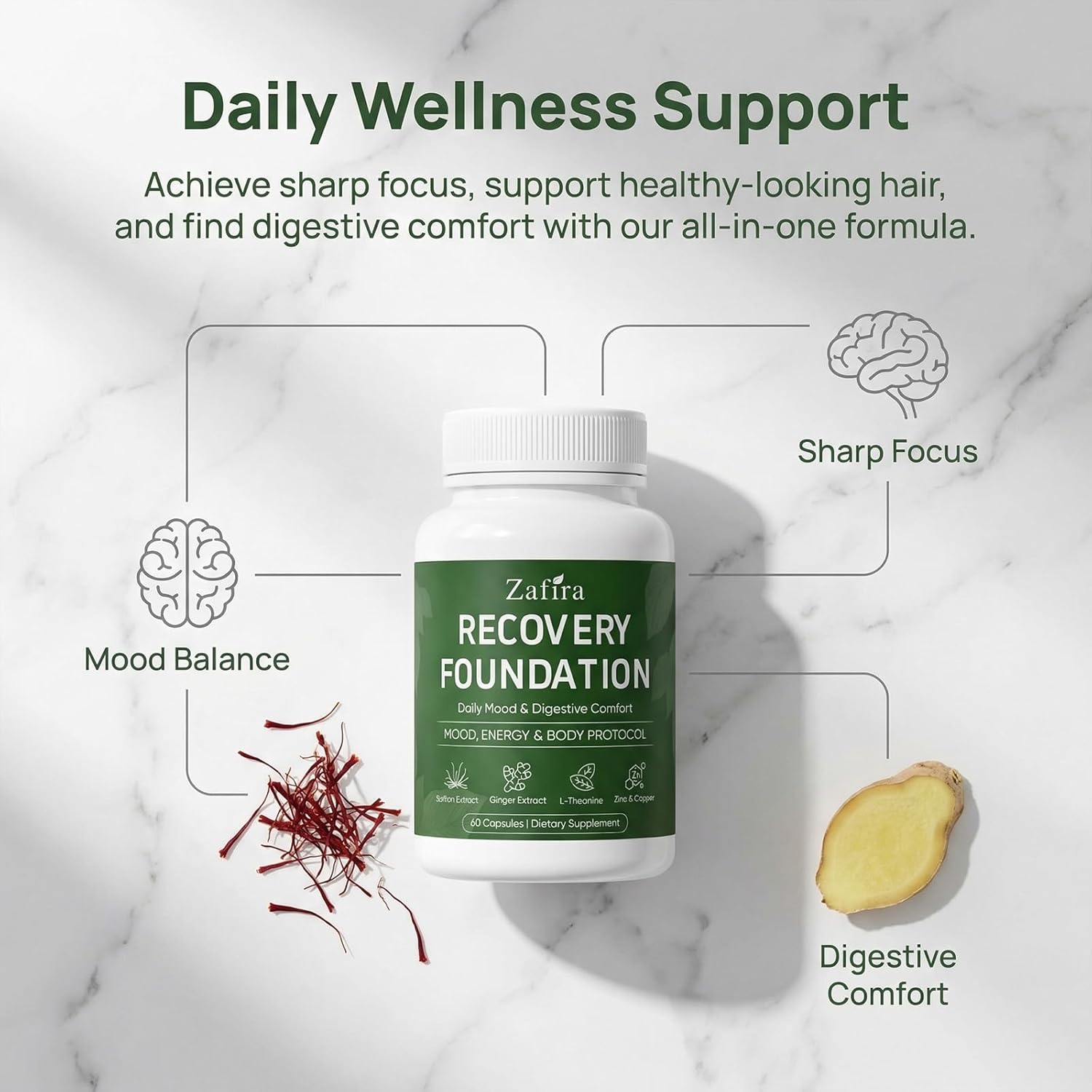 Zafira Recovery Foundation Capsules – Mental Clarity & Daily Wellness Support, Saffron Extract, Ginger, L-Theanine, Myo-Inositol | Non-GMO Dietary Supplement, 60 Capsules