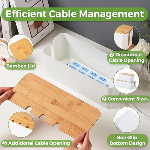 Miniatura 2 de Paquete de 2 cajas de organización de cables, caja organizadora de cables con tapa de bambú, organización de cables debajo del escritorio con 10
