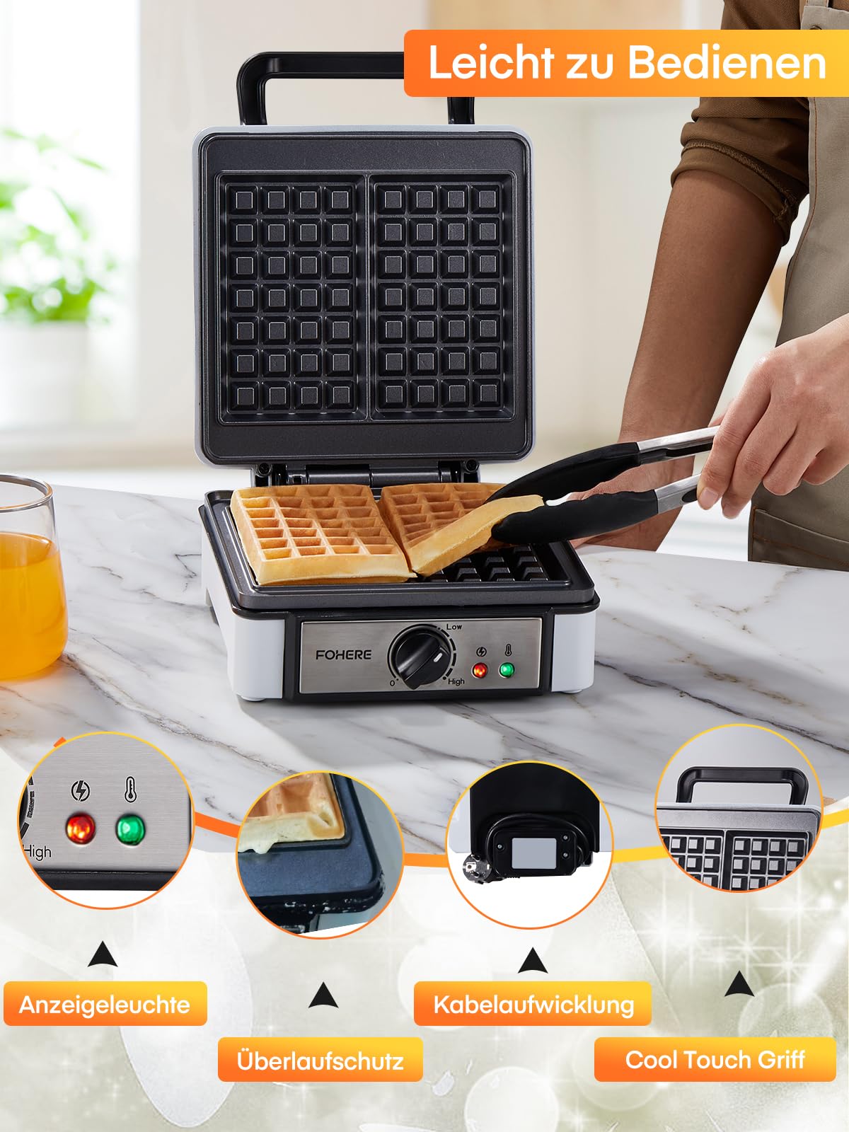 XL 2er Waffeleisen | 1200 Watt | Waffelautomat | Paninigrill | Waffeltoaster | Waffle Maker | Elektrogrill | XXL Wafflemaker | Waffel Eisen | Antihaftbeschichter FOHERE Waffelmacher