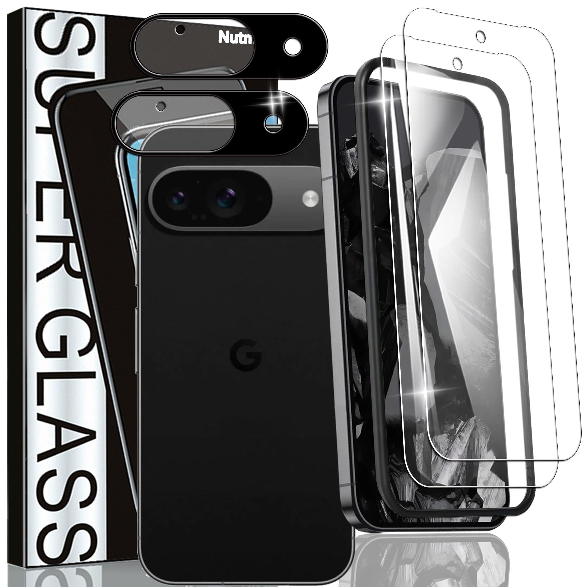 Nutmeg【ガイド枠付き 2枚＋2枚】指紋認証対応 Google Pixel 9 用の ガラスフィルム 2枚 + Google Pixel 9 用の カメラフィルム 【日本旭硝子素材製】グーグルピクセル9 用の フィルム 保護フィルム 強化ガラス 衝撃吸収 指紋防止 硬度9H 飛散防止 撥水撥油 干渉しない 貼り付け簡単