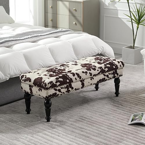HEAH-YO Banco moderno para dormitorio, banco otomano copetudo con botones con ribete de cabeza de clavo y patas de madera, cómodo banco de lino para