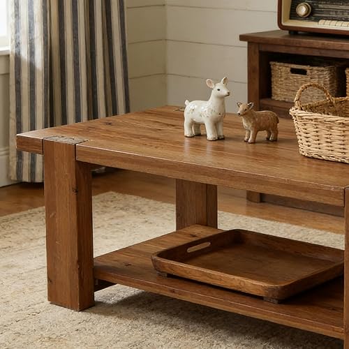 Miniatura 7 de Mesa de centro de madera maciza con estante de almacenamiento de 2 niveles, mesa central rectangular de granja de 47.2 pulgadas para sala de estar,
