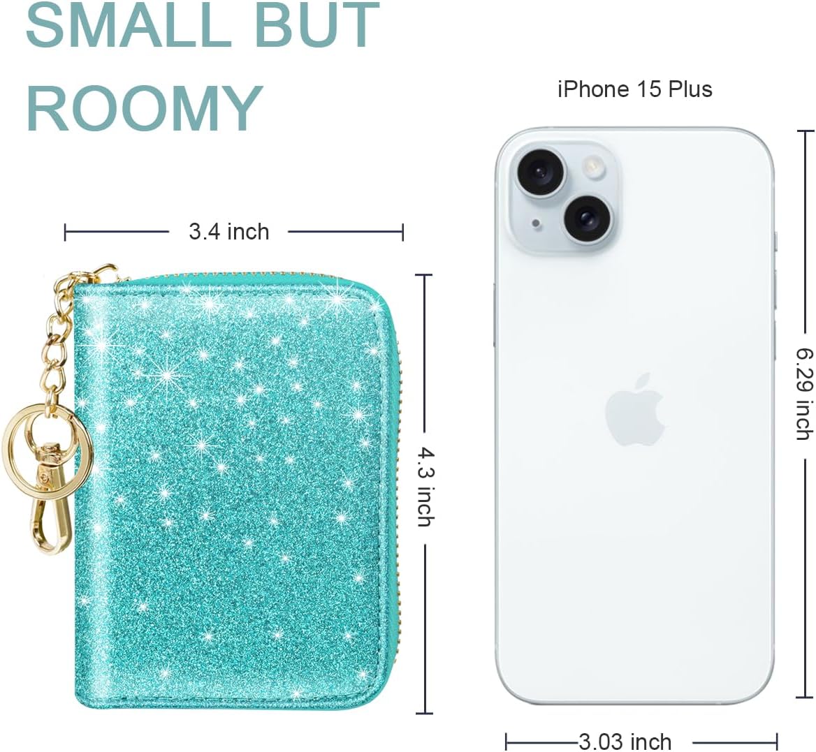 14 Credit Card Slots RFID Card Holder Wallet Glitter Leather Small Cute Card Organizer Case with Coin Pocket & Keychain, Glitter Blue Green