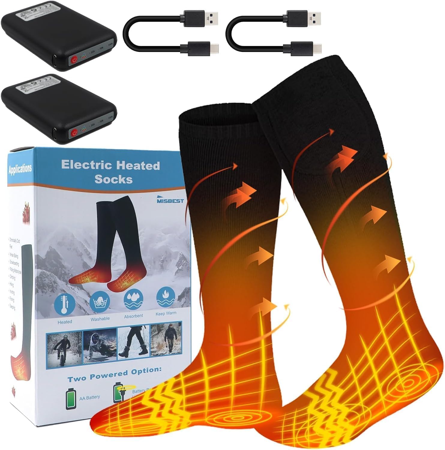Elektrisch Beheizte Socken, 3,7 V 6000 mAh Wiederaufladbare Elektrisch Beheizte Socken für Männer Frauen Waschbare Thermo-Fußwärmer für Jagd, Camping, Skifahren & Outdoor-Sport