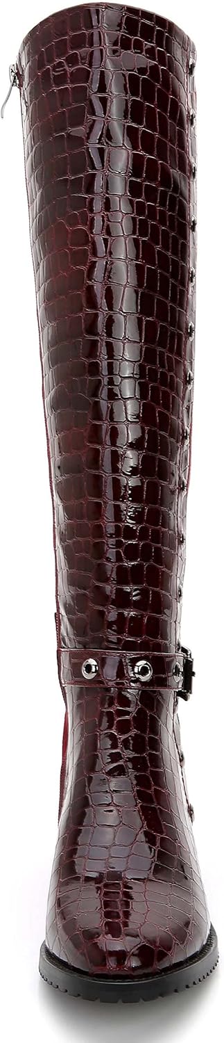 ANN CREEK Women's 'Rucio' Knee-High Low Heel Crocodile Print Front 2-Tone Perforated Trim Boots - Image 4