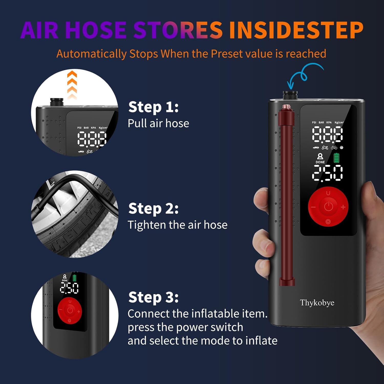 Tire Inflator Portable Air Compressor, 150PSI Smart Air Pump for Car Tires with Digital Tire Pressure Gauge,Fast Charge,Auto Shut Off, Portable Tire Inflator for Car, Bike, Motorcycle, Ball and More