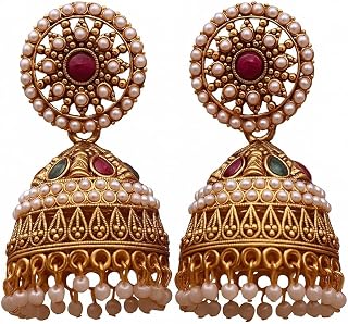 Antique Gold Jhumki Earrings with Red & Green Stones | Bridal &