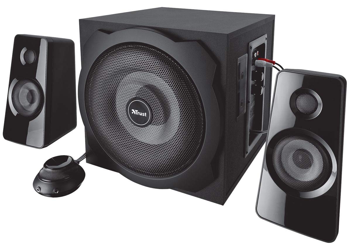 Trust Tytan 2.1 Lautsprecher Set mit Subwoofer aus Holz, Fernbedienung, 120 Watt, für PC, Laptop, TV-Gerät, Smartphone und Tablet, schwarz