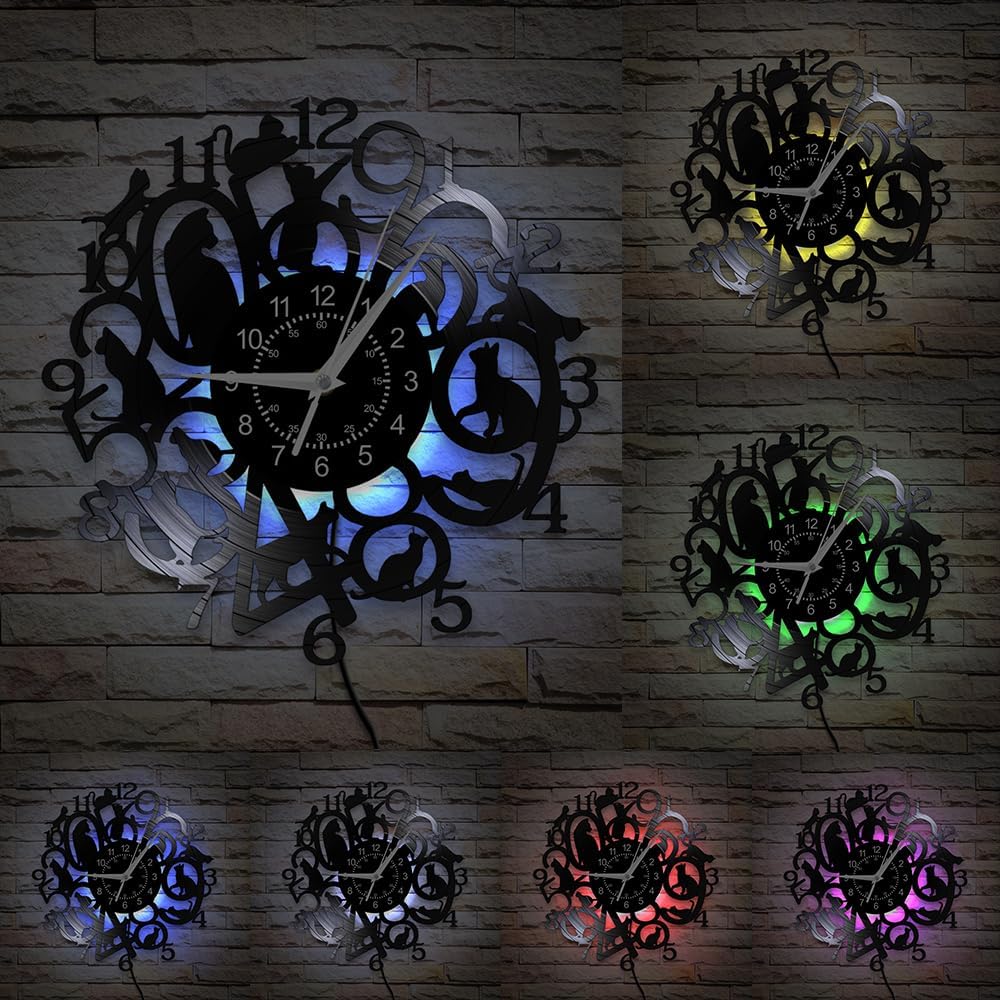 Cute Cat Wall Clock, 12 Inch 7 Kinds of LED Color Kitten Kitty Night Light Wall Clock Silent Quartz Non Ticking, Modern Decorative Analog Vinyl Record Wall Watch Clock for Cat Lovers Gift
