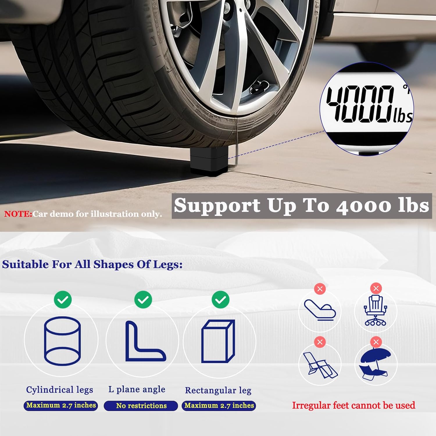 Bed Risers Heavy Duty, Adjustable Furniture Riser Blocks Lift 1.5, 3, 4.3 inches for Couch Table Desk Sofa Chair Legs, Refrigerator, Washing Machine - Support up to 4000 lbs (Black 8 Pack, 3 inch)