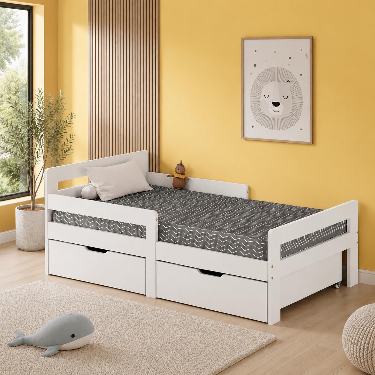 AVC Designs Junior Wooden Bed With Storage Cot Toddler Solid Pine Wood Modern Children Kids Junior Bed Frame White