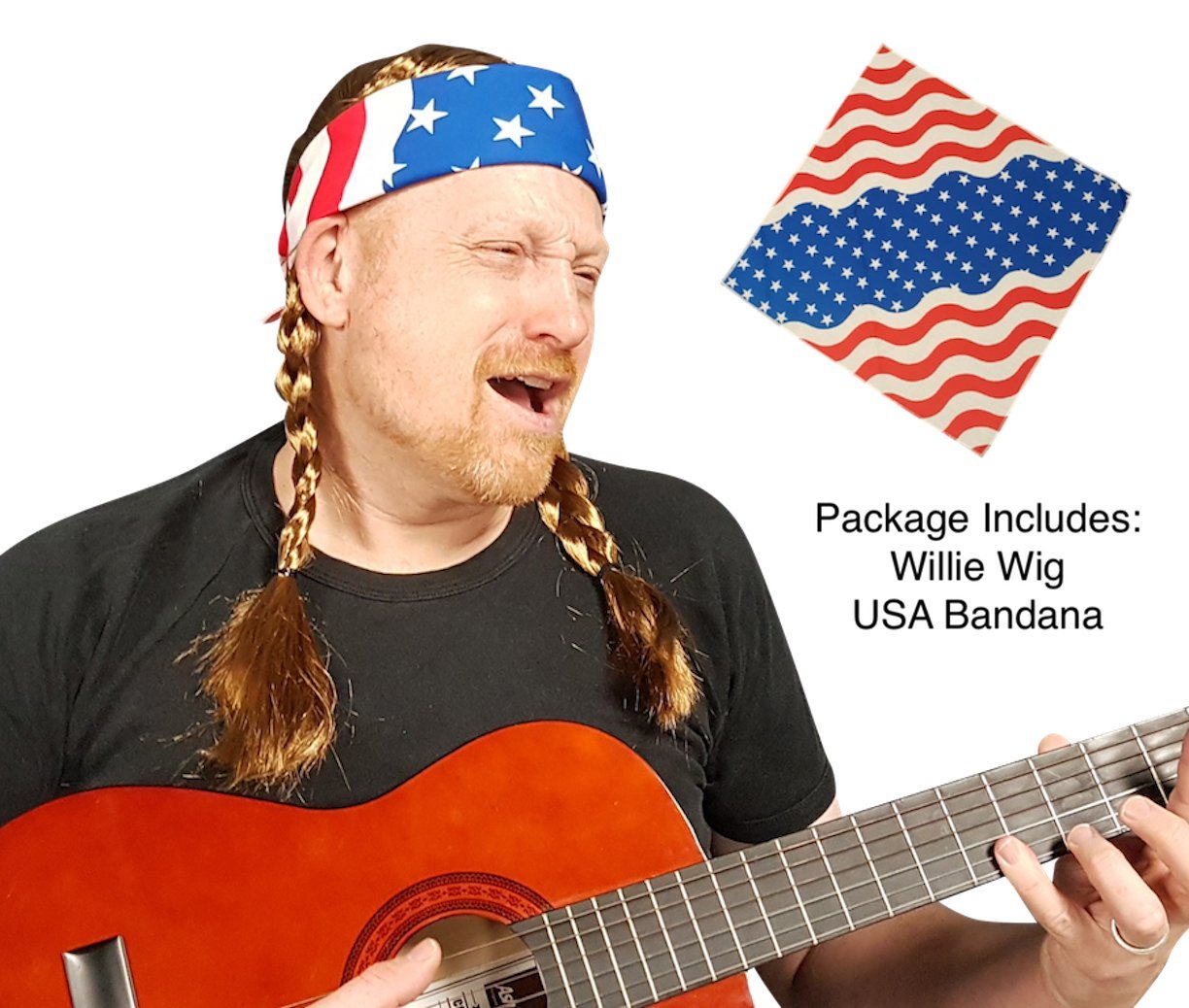 HandinHandCreations Hippie Willie Wig Cowboy Country Braids Wig USA Bandana - One Size Fits Adult (Brown)