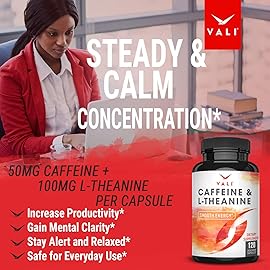 VALI Caffeine 50mg & L Theanine 100mg - Caffeine Pills & L-Theanine for Smart Smooth Energy & Focus Supplement. Nootropic Brain Booster Cognitive Support Stack & Focused Clarity. 120 Veggie Capsules