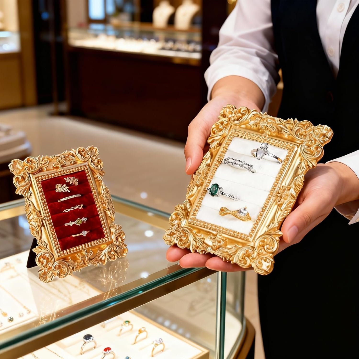 2 Pcs Vintage Ring Holder, Gold Jewelry Display Stand Rectangle Earring Display Tray Organizer Resin Photo Frame Jewelry Holder with Velvet Backing Elegant Storage Box for Women Birthday Wedding