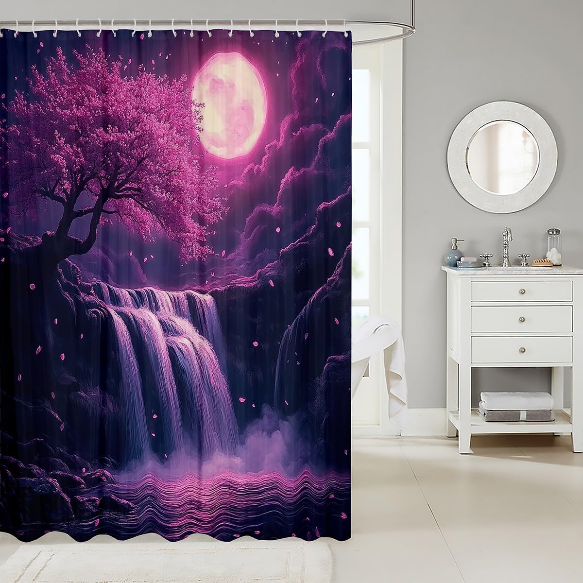 jejeloiu Cherry Blossoms Shower Curtain Flower Petal Bath Curtain for Kids Waterfall Bathroom Waterproof Accessories with 12 Hooks Purple Moon Night Waterproof Polyester,72x84 Inches