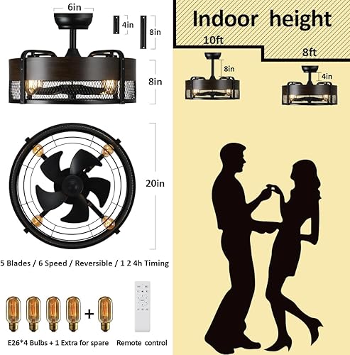 Miniatura 2 de AGFKXO Ventilador de techo enjaulado con luz, ventilador de techo rústico de 20 pulgadas, motor de CC de techo, negro cerrado con luz y control
