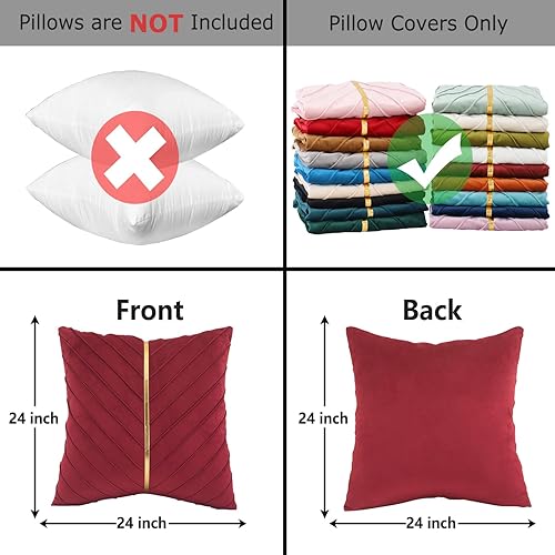 Miniatura 2 de Tosleo Fundas de almohada de terciopelo rojo de 24 x 24 pulgadas, paquete de 2 con fundas de almohada decorativas de cuero dorado para sofá, fundas