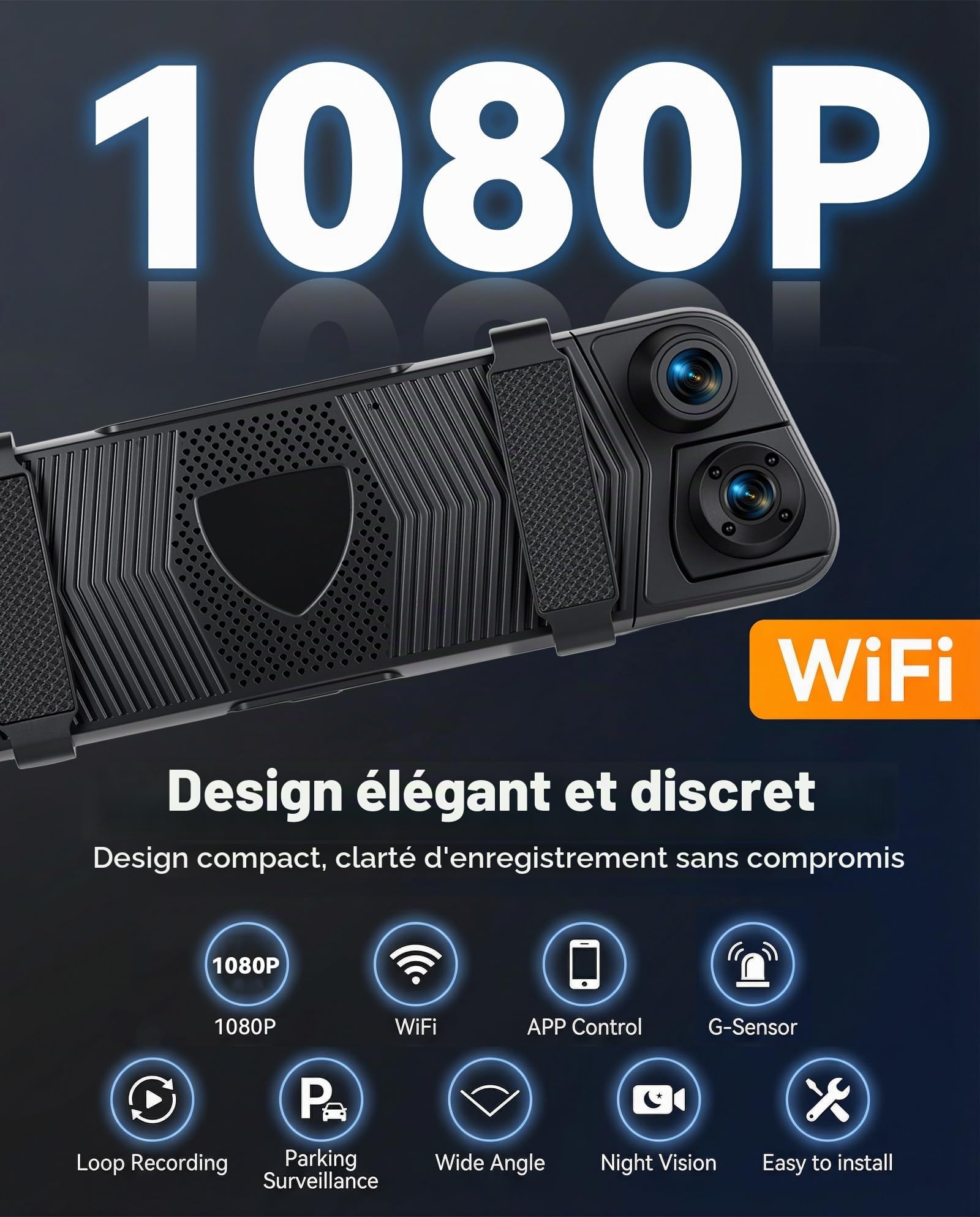 SIXWIN Rétroviseur Dashcam 9,66" Tactile 1080P HD 3 Canaux WiF | Enregistrement 1080P + 2×720P | Vision Nocturne, Boucle, Capteur G, Caméra de Recul, Angle 150° | Installation Universelle