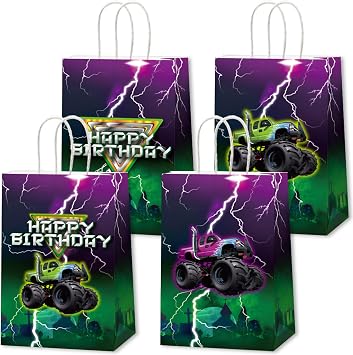 CHUNNIN 12 Monster Truck Birthday Party Paper Bags Monster Truck Candy Bags Green Purple Racing Truck Theme Decorations - Kids Boys Gift Goodie Birthday Party Favor8.27 x 4.72 x 3.15inch