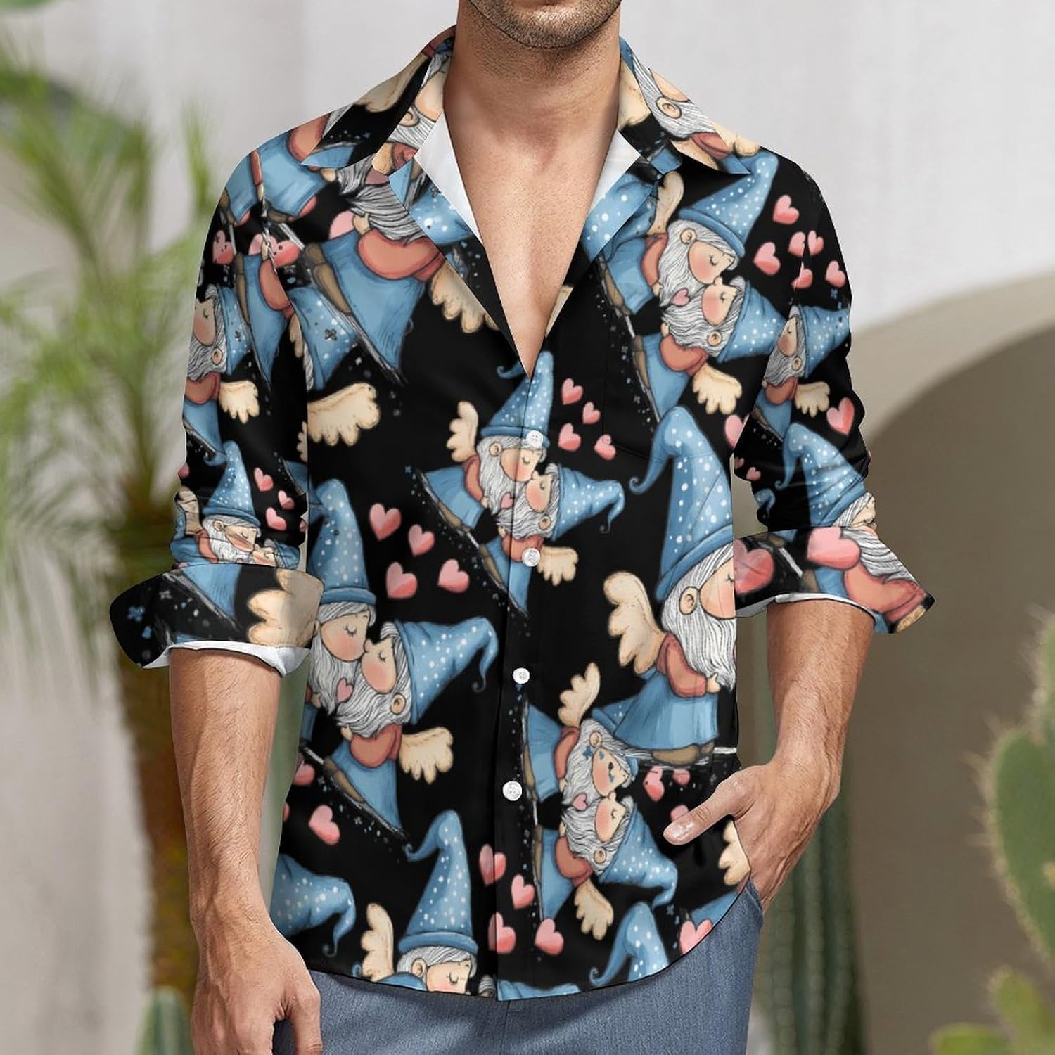Gnome Love Long Sleeve Shirts Casual Dress Shirt Button-down T-shirts for Men