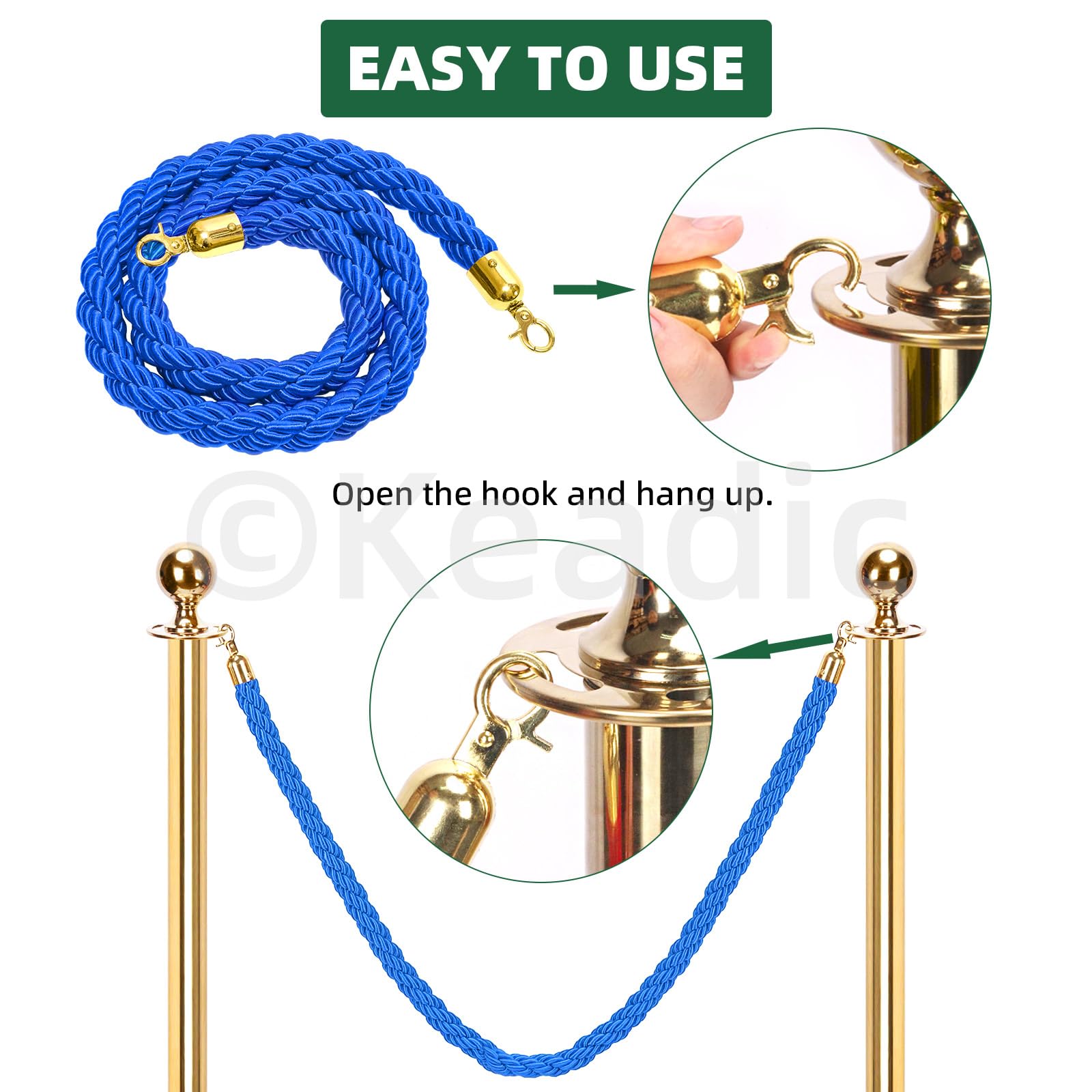 Keadic 2Pcs 5 Feet Nylon Crowd Control Ropes with Gold Clasps Hooks, Stanchion Posts Rope for Party Event, Hotels, Wedding, Museum (Blue) - Image 4