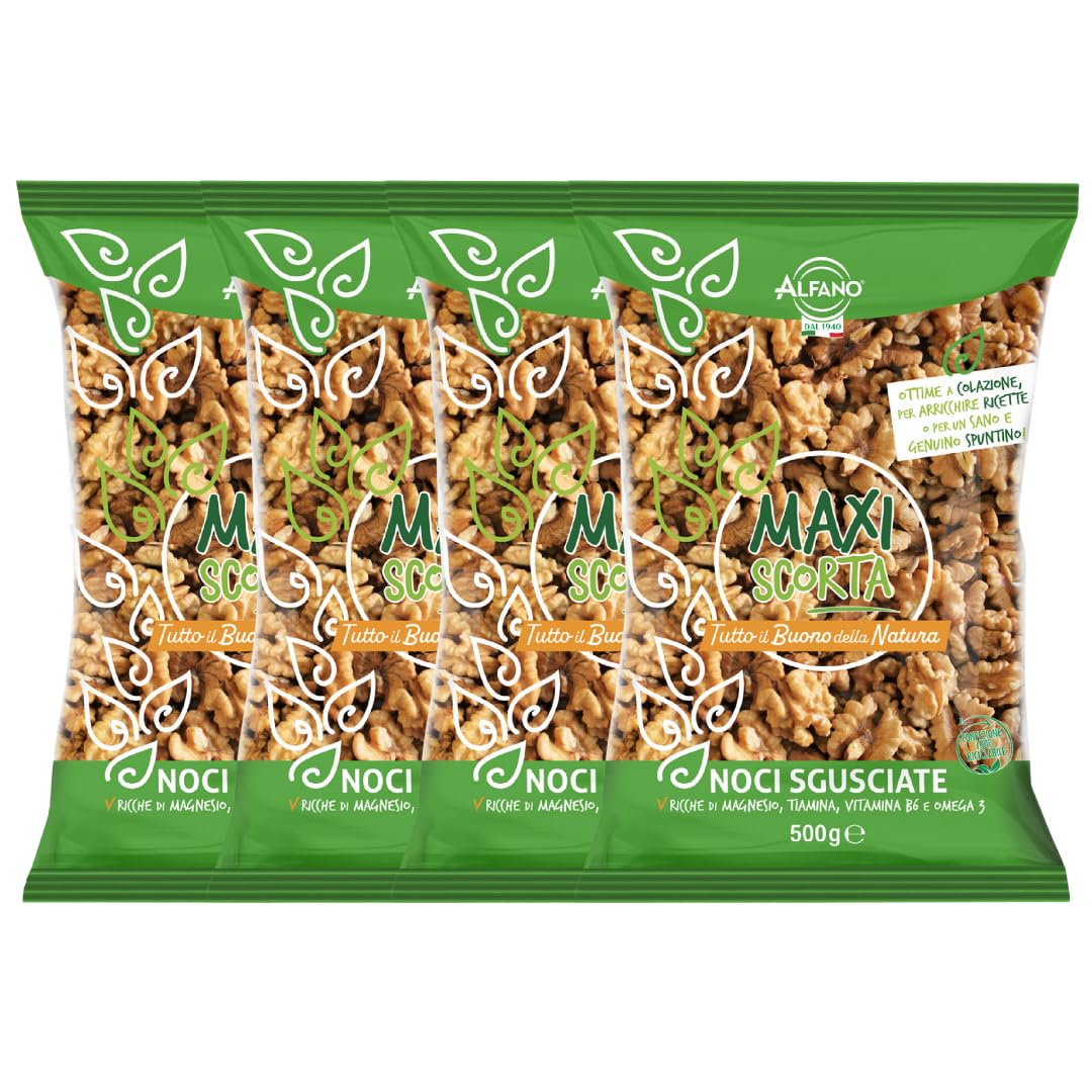 Alfano dal 1940 Noci Sgusciate Maxi Scorta 500g Ricche di Magnesio, Tiamina, Vitamina B6 e Omega 3 Snack Ideale per una Dieta Equilibrata e Vegana (4 Pezzi)
