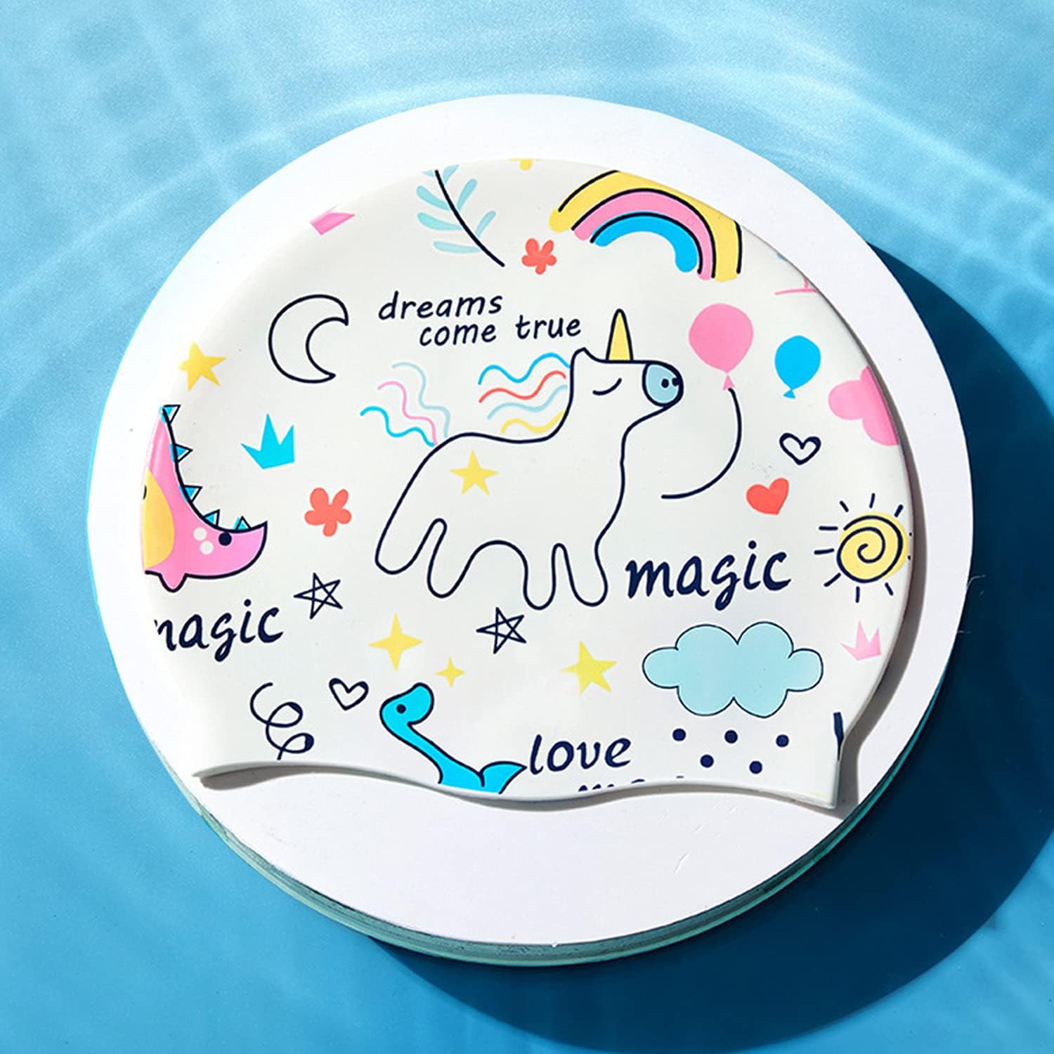 Lovimoon Gorro de natación para niños, de silicona, impermeable, de poliuretano, para pelo largo, con banda elástica para los oídos con revestimiento de dibujos animados, para niñas de 6 a 14 años