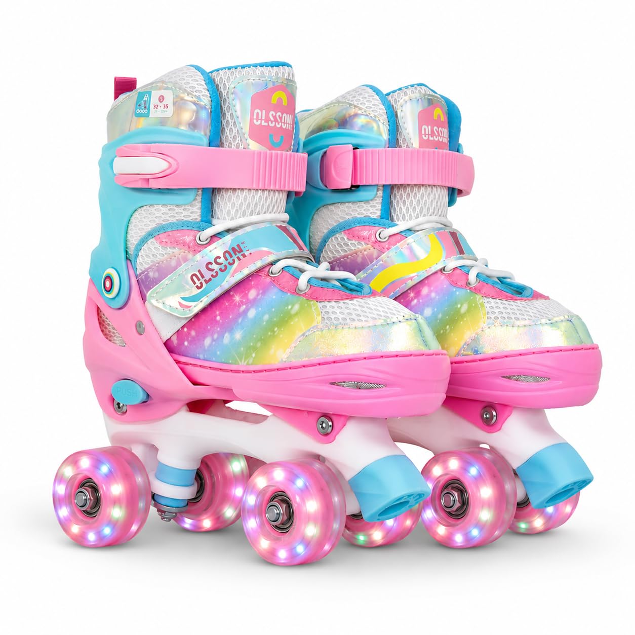 Pattini a 4 ruote per bambini con luci OLSSON Blossom - Taglia regolabile (28-35) tramite pulsante - Cuscinetti ABEC 7 in carbonio - Telaio resistente - Fissaggio regolabile in velcro