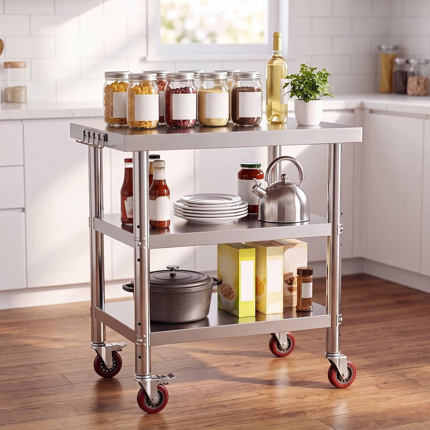 Zhengmy Stainless Steel Table 30x24 Inch Worktable with Wheels, 3 Adjustable Shelves Metal Prep Workstation for Home Restaurant Kitchen Hotel Garage Warehouse Outdoor