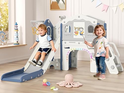 BIERUM Juego de toboganes 9 en 1 para niños pequeños de 1 a 3 años con tira de luces, tablero de dibujo y tabla de bloques de construcción, juego