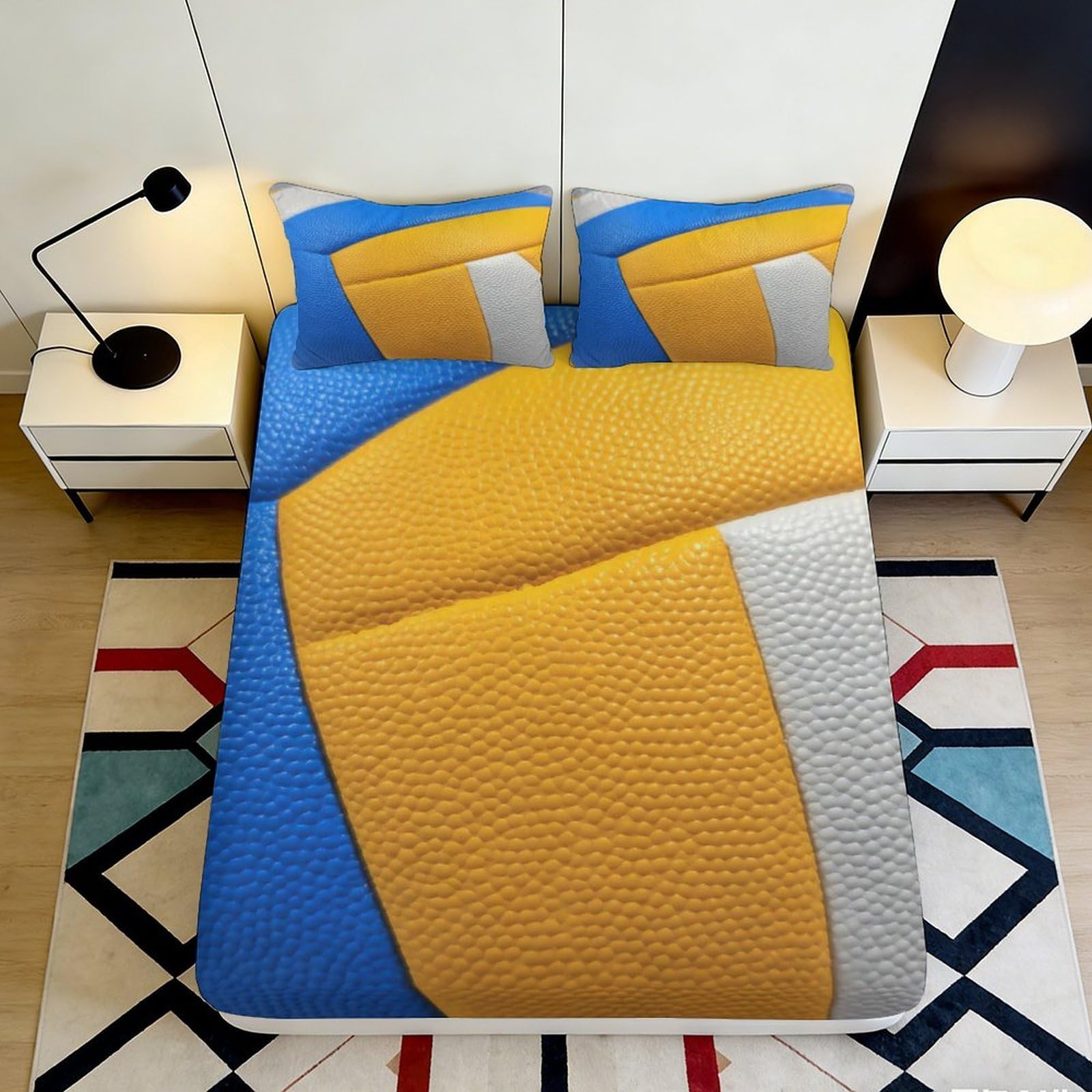 3D Printed Volleyball Pattern Fitted Sheet Microfiber Soft Durable Blue Yellow Sports Ball Bed Cover for Bedroom Dormitory Guest Room Mattress Protection 140x200x25cm