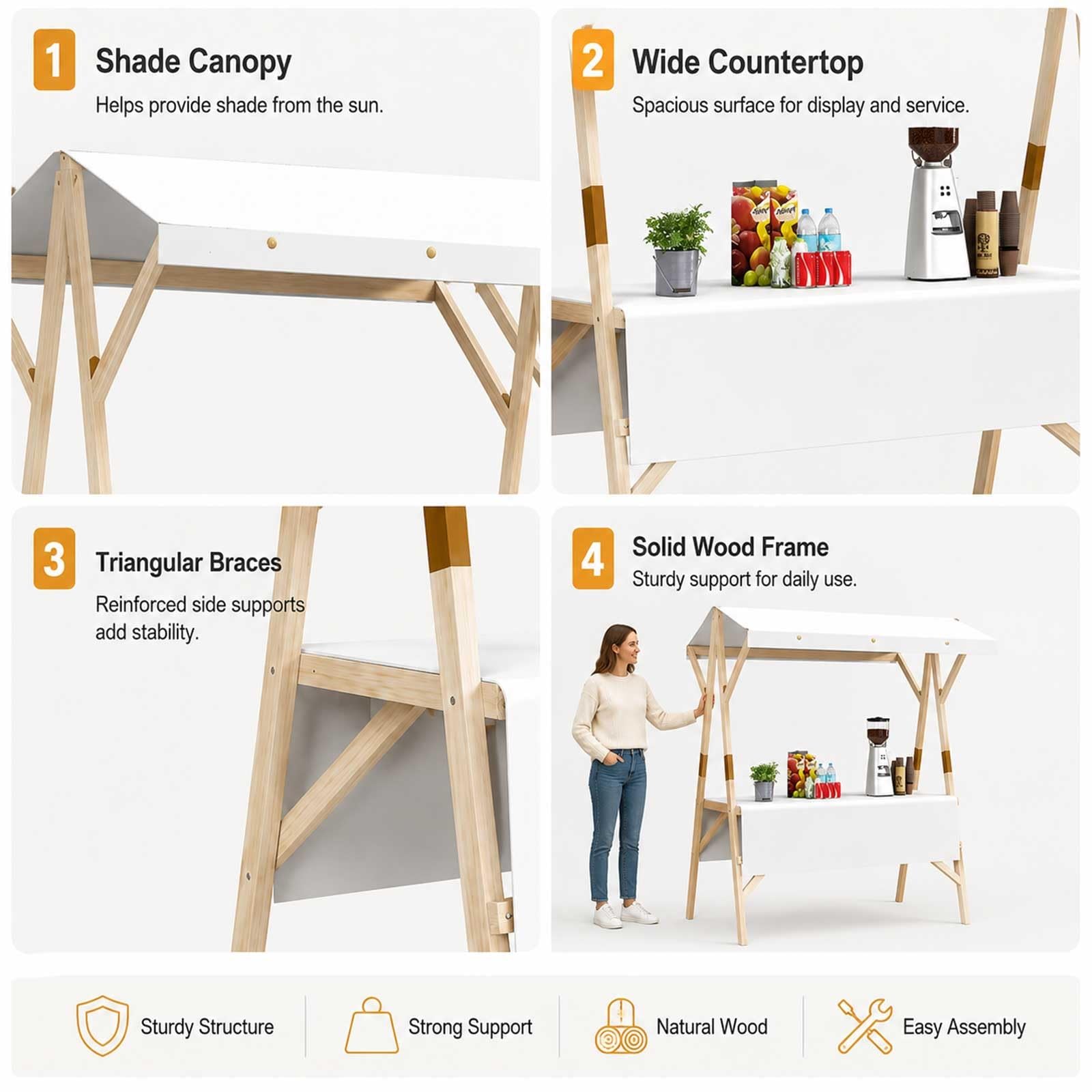 Genérico Puesto De Mercado con Toldo, Carrito De Comida Callejera De Madera, Puesto Plegable para Ferias Artesanales, Mercado Callejero, Venta Ambulante Y Expositor Móvil(White,59.1in/150cm)