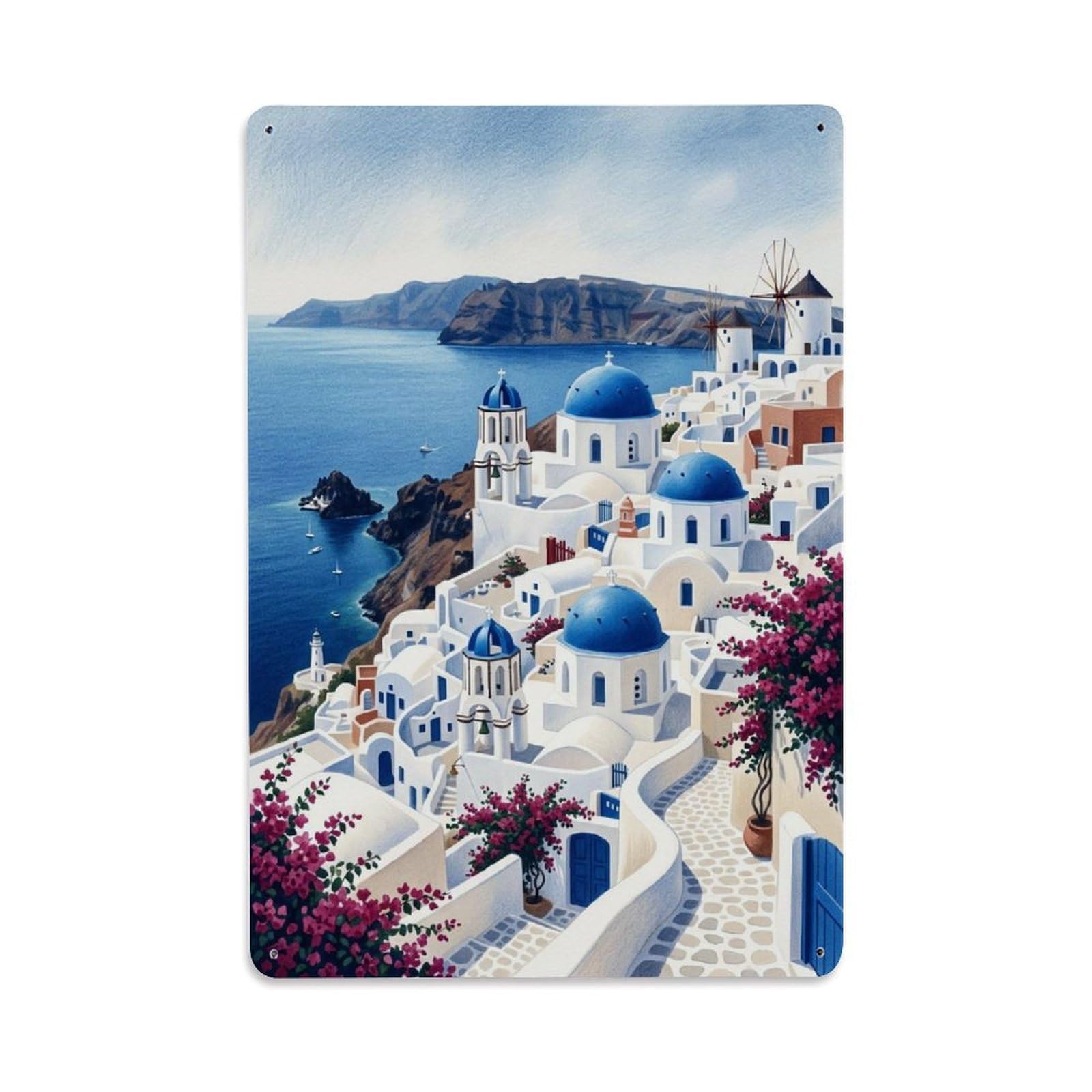 Oia Santorini Blue Rooftops Caldera Aegean Panorama Metal Tin Sign Plaque Wall Decor for Cafe, Man Cave, Club Bar, Office, Home Garden Round Metal Poster 8x12Inch