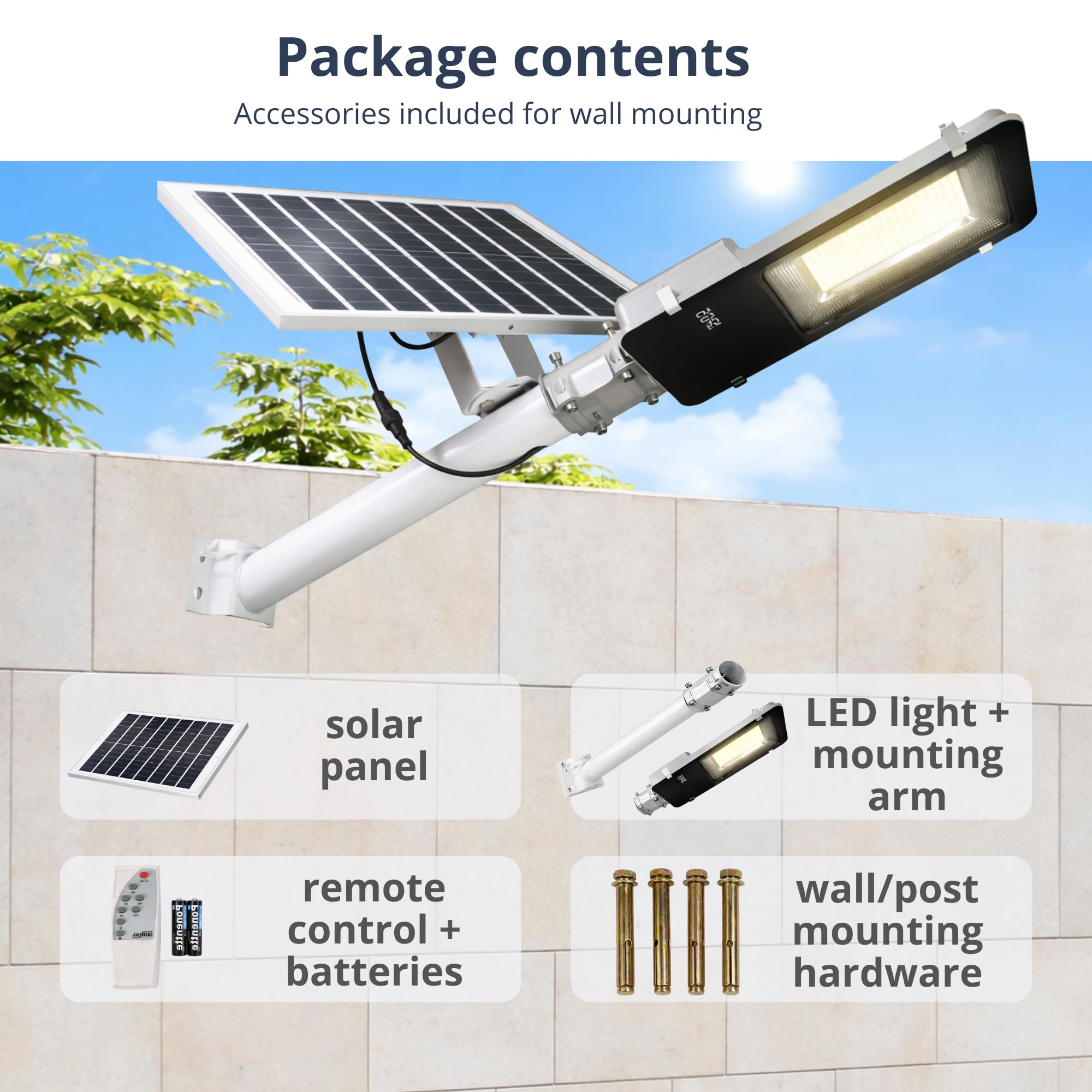 JANDEI - 2er-Pack Solarleuchten 200 W für den Außenbereich, 2500 Lumen, IP65, schwenkbares Solarpanel und Fernbedienung, 200 LEDs, 6000 K, kaltweiß, Solarleuchten für Garten, Terrasse, Wand.