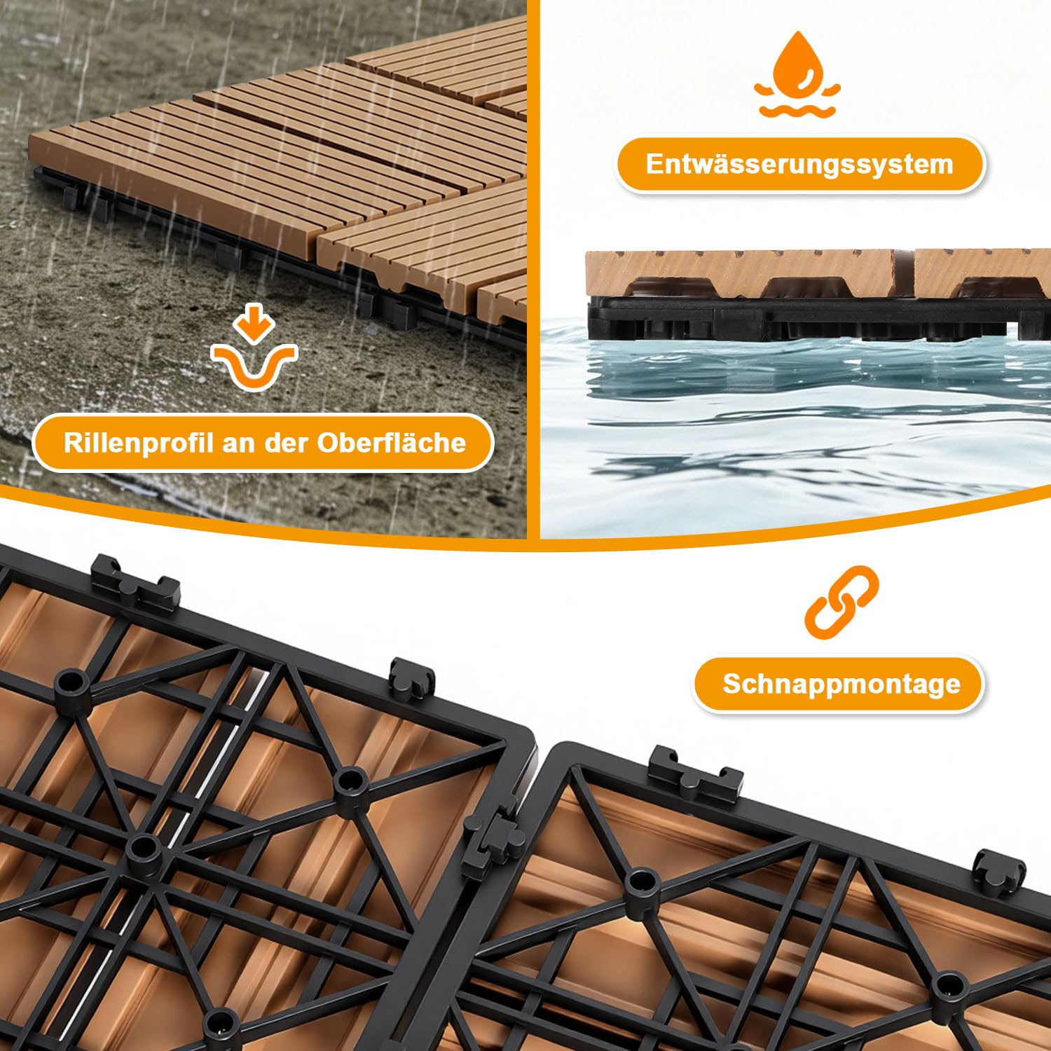 Piastrelle in WPC per terrazza, teak, 30 x 30 cm, 66 pezzi per 6 m² | Piastrelle a scatto effetto legno, facili da pulire per balconi, terrazze e giardini