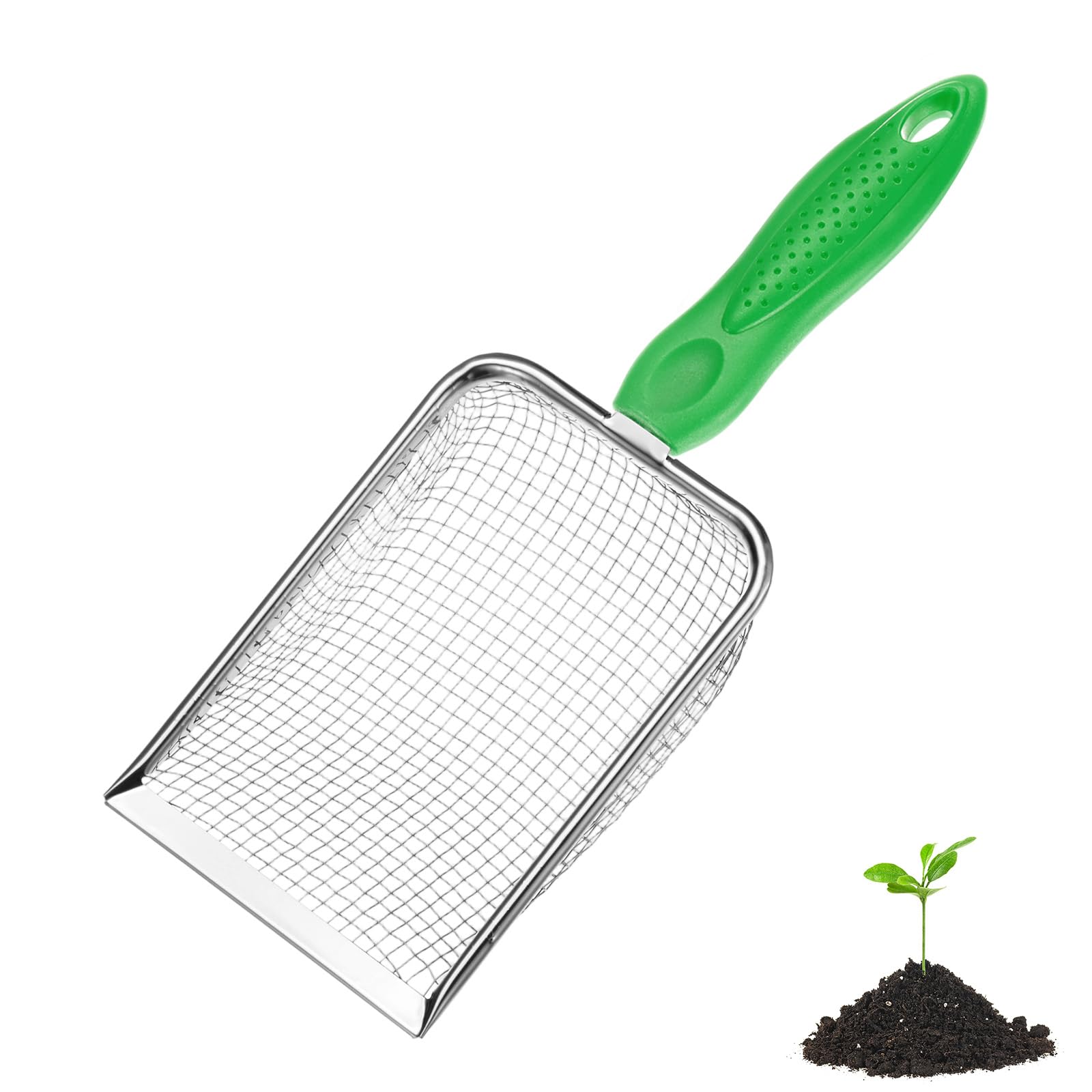 M METERXITY 1-Pack Gardening Soil Sifter, 3.8 mm Mesh Stainless Steel Portable Gardening Sifter with Non-Slip Handle for Sand/Dirt/Rock/Compost [White, Green]