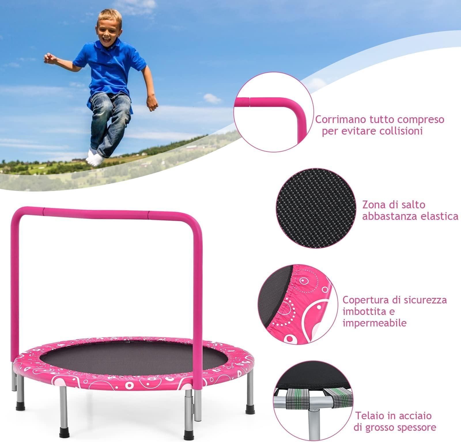 GYMAX Trampolino Pieghevole per Bambini, Trampolino Elastico con Maniglia Staccabile, con Struttura in Ferro, Portata 150 kg, Ideale per Interno ed Esterno, 92x92x80 cm (Rosa)