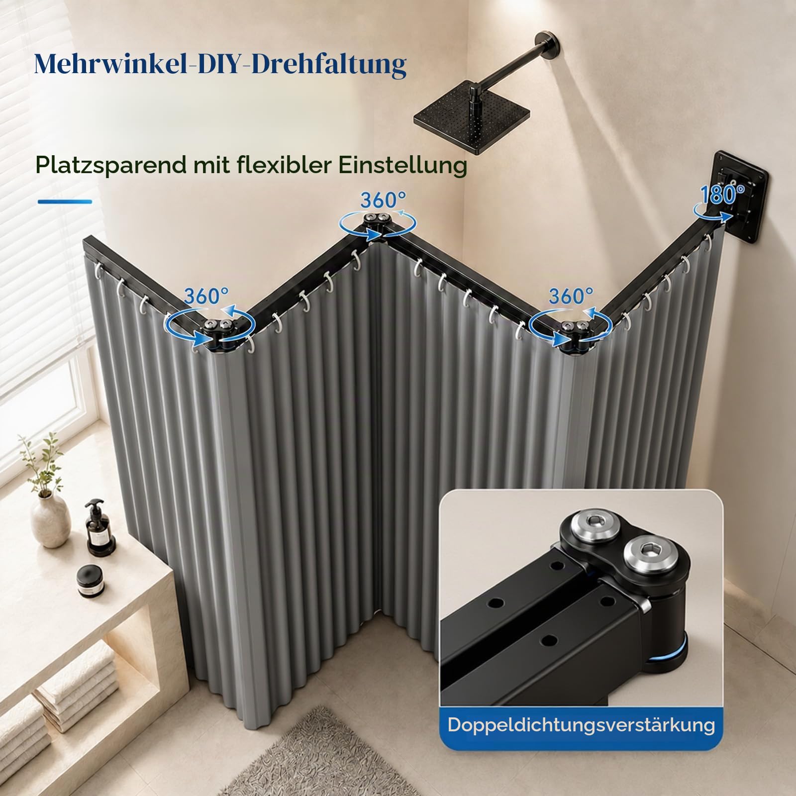 Duschvorhang ohne Bohren, Faltbare Duschvorhangstange, Eckvorhangstange mit Saugnapf, L-Form U-Form, 120 cm, viergeteiltes Klappdesign, für Eckdusche, Badewanne, Wohnmobil